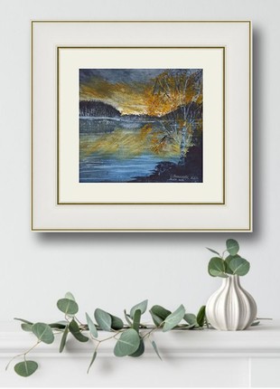 White night on an autumn landscape in watercolor. Watercolor painting of a birch on the river bank