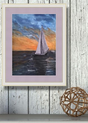 Watercolor painting with a sailboat on the evening sea