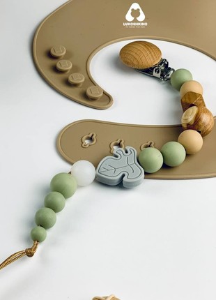 Silicone pacifier holder with wooden teether for newborn baby