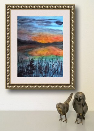 Watercolor drawing of sunset and lake. Painting of nature. Landscape watercolor
