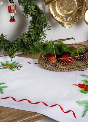 HISTROV Christmas runner with embroidery “Christmas decor” 140×45 cm. White