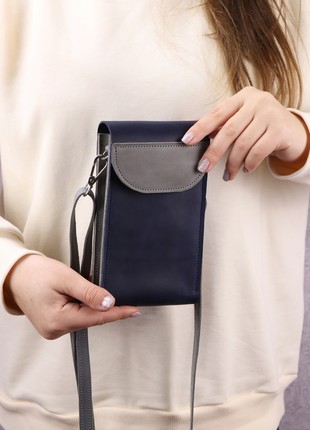 Minimalist leather small shoulder bag for smartphone/ Crossbody Wallet for women/ Blue+Gray - 10181 photo