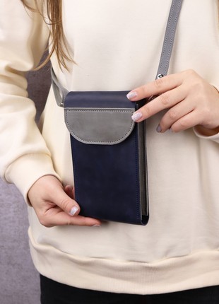 Minimalist leather small shoulder bag for smartphone/ Crossbody Wallet for women/ Blue+Gray - 10184 photo