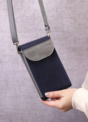 Minimalist leather small shoulder bag for smartphone/ Crossbody Wallet for women/ Blue+Gray - 10183 photo
