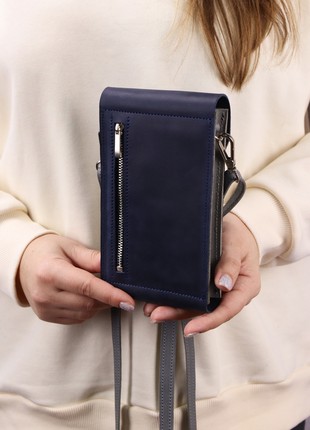 Minimalist leather small shoulder bag for smartphone/ Crossbody Wallet for women/ Blue+Gray - 10188 photo