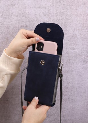 Minimalist leather small shoulder bag for smartphone/ Crossbody Wallet for women/ Blue+Gray - 10189 photo
