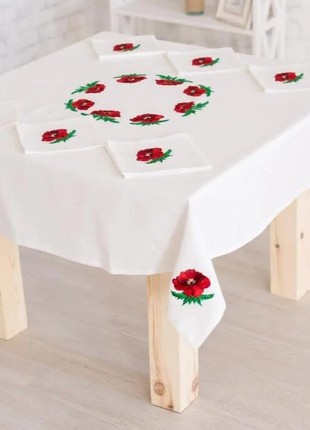 Tablecloth with embroidery and 6 napkins in a set HISTROV Poppies White