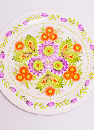 Petrykivka Purple and Orange floral Decorative Wooden Plate Hand Painted