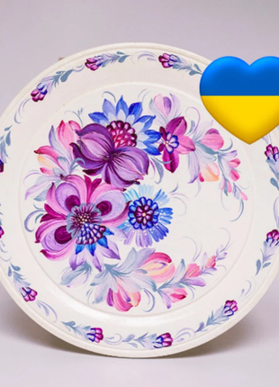 Petrykivka Dark Pink and Blue floral Decorative Wooden Plate Hand Painted