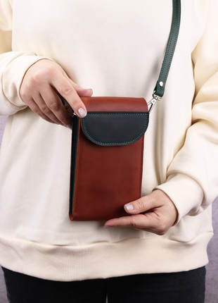 Leather small bag on shoulder strap/ Women's mini purse for phone with card slots/ Brown+Green - 10187 photo