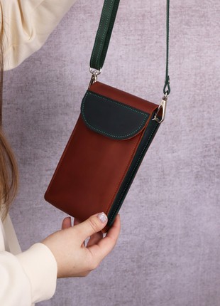 Leather small bag on shoulder strap/ Women's mini purse for phone with card slots/ Brown+Green - 10186 photo