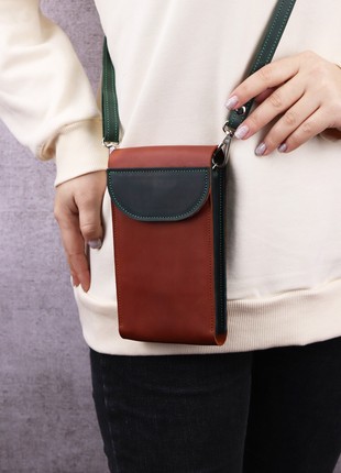 Leather small bag on shoulder strap/ Women's mini purse for phone with card slots/ Brown+Green - 10189 photo