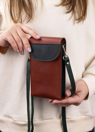 Leather small bag on shoulder strap/ Women's mini purse for phone with card slots/ Brown+Green - 1018