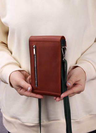 Leather small bag on shoulder strap/ Women's mini purse for phone with card slots/ Brown+Green - 10182 photo