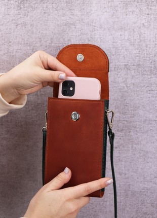 Leather small bag on shoulder strap/ Women's mini purse for phone with card slots/ Brown+Green - 10183 photo