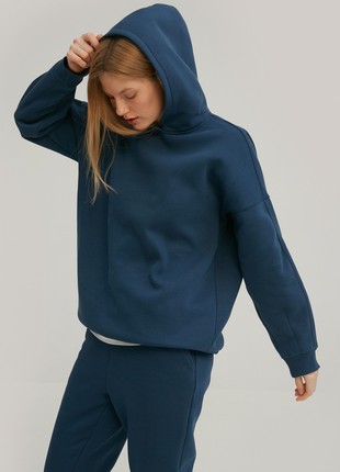 Navy blue loose-fit jersey hoodie with fleece