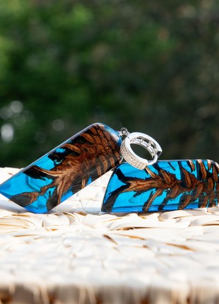 Resin and pine cone earrings, long turquoise earrings, wood and resin earring