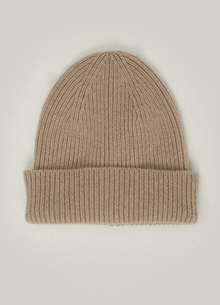Knitted beige cashmere beanie hat with lapel4 photo