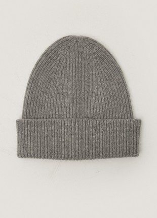 Knitted grey cashmere beanie hat with lapel2 photo
