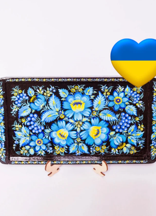 Blue Flowers Black Tray, Petrykivka Hand Painted, standard size