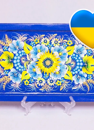 Yellow Flowers Blue Tray, Petrykivka Hand Painted, standard size