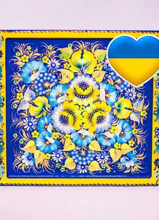 Yellow Flowers Blue Tray, Petrykivka Hand Painted, big size