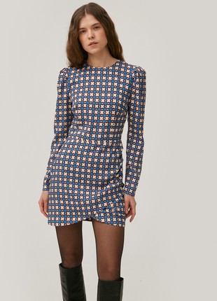 Blue short bodycon tencel dress with geometric print