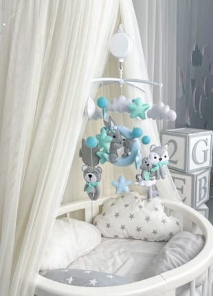 Musical baby mobile with bracket gray-turquoise3 photo