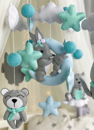 Musical baby mobile with bracket gray-turquoise6 photo