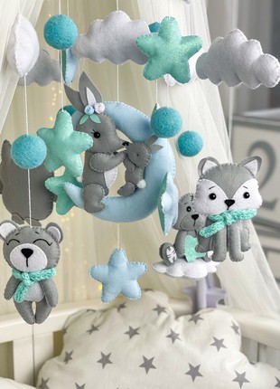 Musical baby mobile with bracket gray-turquoise2 photo