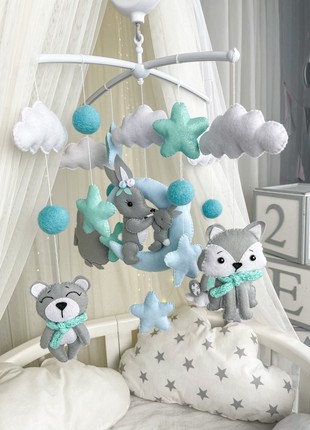 Musical baby mobile with bracket gray-turquoise7 photo