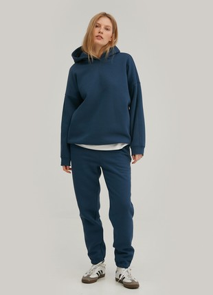 Navy blue elongated jersey joggers with fleece