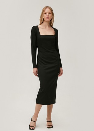 Black midi dress made of suiting fabric with wool
