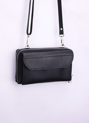 Small women's leather crossbody zipper bag/ Purse for mobile phone and money with long strap/ Black - 10109 photo