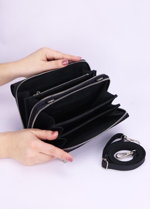 Small women's leather crossbody zipper bag/ Purse for mobile phone and money with long strap/ Black - 10103 photo