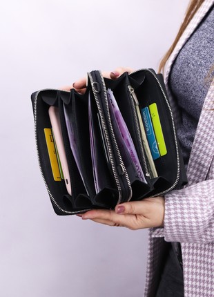 Small women's leather crossbody zipper bag/ Purse for mobile phone and money with long strap/ Black - 10105 photo