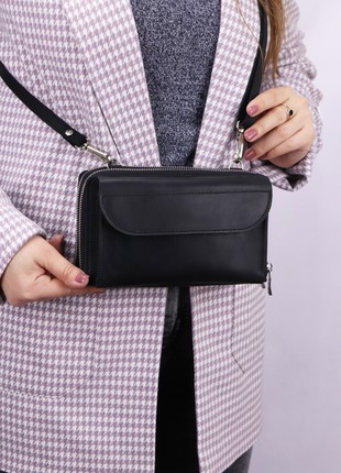 Small women's leather crossbody zipper bag/ Purse for mobile phone and money with long strap/ Black - 10107 photo