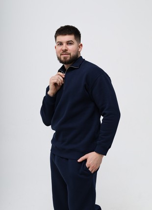 Winter Quarter-Zip cotton Sweater with fleece | Soft Pullover with collar | Dark blue color | Made in Ukraine | Rebellis4 photo