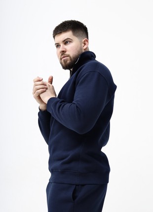 Winter Quarter-Zip cotton Sweater with fleece | Soft Pullover with collar | Dark blue color | Made in Ukraine | Rebellis7 photo