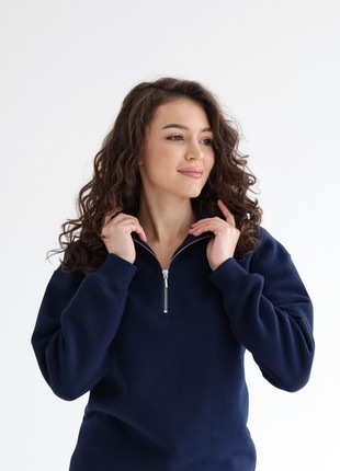 Cotton Sweater with fleece | Soft Pullover with collar | Dark-blue color | Ukraine