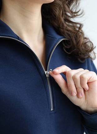 Cotton Sweater with fleece | Soft Pullover with collar | Dark-blue color | Ukraine7 photo