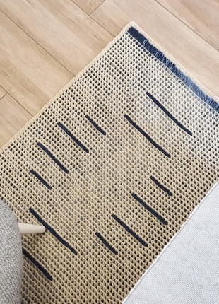 Crochet Wool rug Blue Beige Striped, Small wool mat