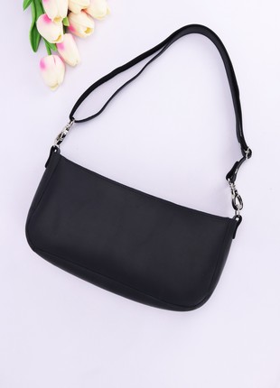 Leather baguette bag for women / Elegant crossbody bag / Black - 10164 photo