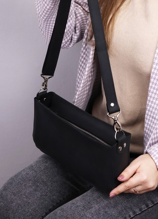 Leather baguette bag for women / Elegant crossbody bag / Black - 10166 photo