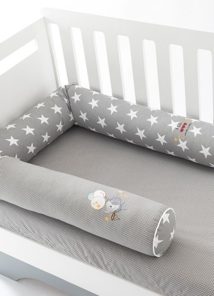 Baby Cotton Bed Protection Multifunctional, Crib Bumper set, Nursing Pillow TM PAPAELLA 60x15 cm, 120x15 cm star/pea gray