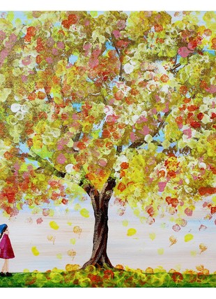 Girl and Colorful Tree Original Acrylic Painting on Canvas Wall Decor
