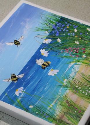 Seascape and Bees Original Acrylic Painting on Canvas Wall Decor