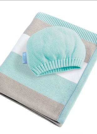 PLAID AND HAT KNITTED STRIP TM PAPAELLA 70X90 CM LIGHT GREEN6 photo