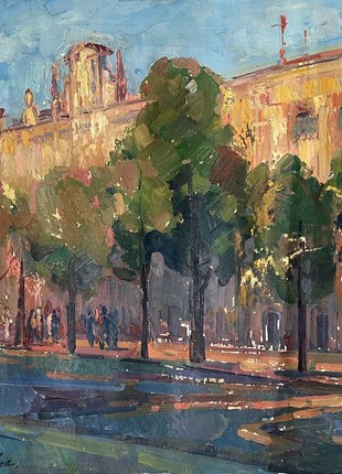 Abstract oil painting Evening in the city Peter Tovpev nDobr796