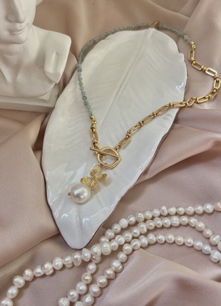 Aquamarine gold 24k necklace with pearl2 photo